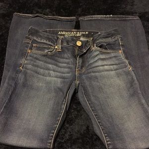 Dark-wash flare jeans.